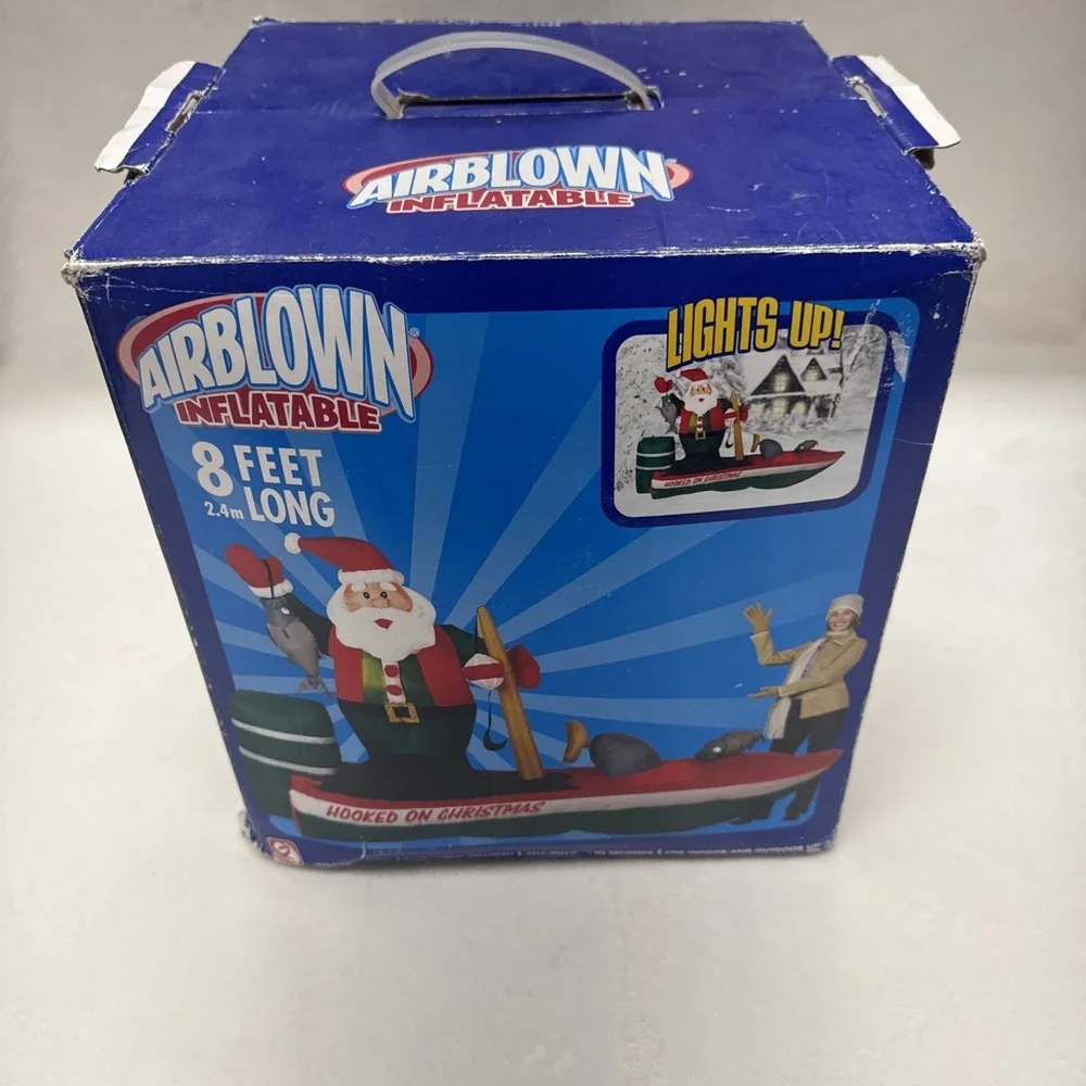 INFLATABLE‎ Christmas SANTA Claus FISHERMAN BOAT HOOKED ON CHRISTMAS LIGHTED 8ft